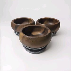 Nambe Braid Condiment Server Acacia Wood & Chrome Plate 3 Dip Bowls 12 oz